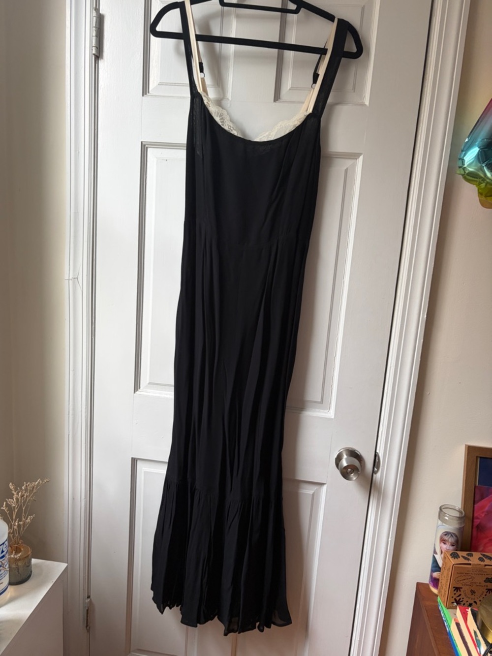 Reformation Black Maxi Slip Dress with Cream Lace Accents